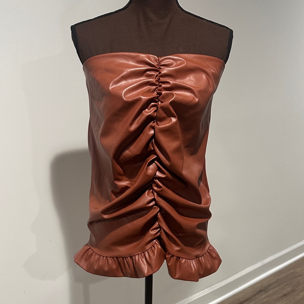 Faux Leather Ruched Strapless Brown Top
